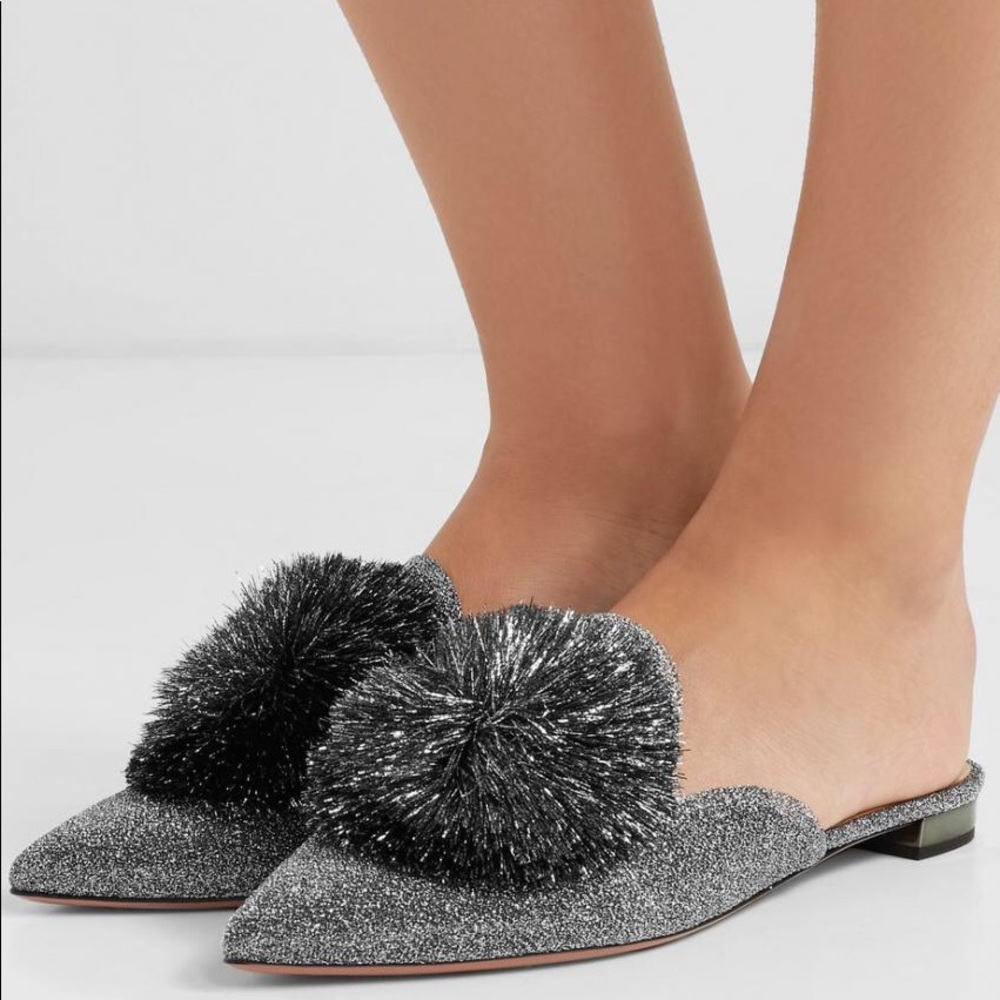 Aquazzura metallic silver powder puff shoes